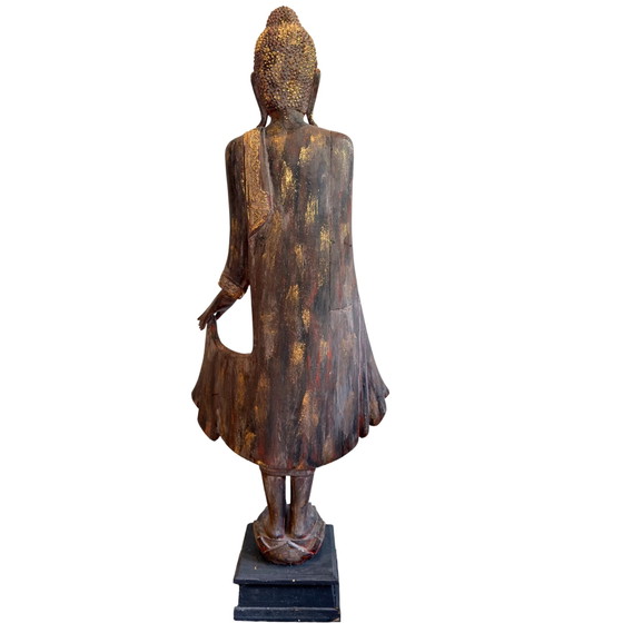 Antique Burmese Standing Buddha – Monumental Temple Statue in Teak Wood (166 cm) – Sculpture (photo 10 of 11)