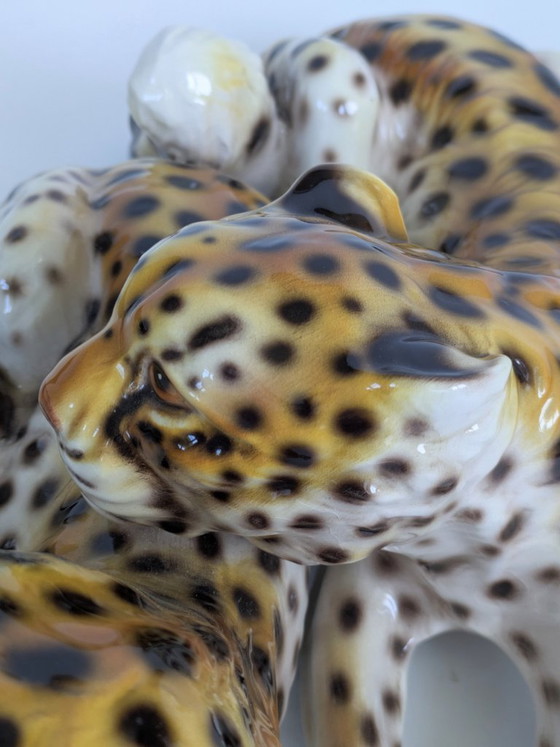 Image 1 of Large Italian Midcentury Porcelain Leopard Pair Sculpture Hollywood Regency Ronzan Style