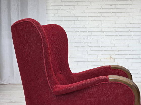 Image 1 of 1960s, fauteuil danois, état original, tissu en laine, pieds en bois de hêtre.
