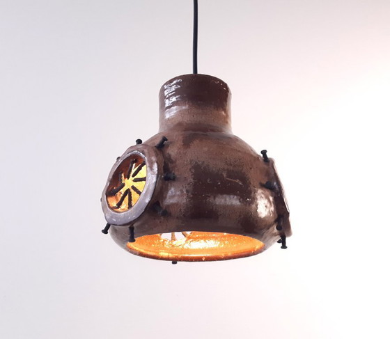 Image 1 of Ceramic earthenware vintage brutalist pendant lamp in brown tones, West Germany fat lava style, wabi-sabi lamp