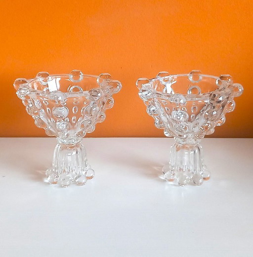 Vintage (1960-1970) Set van 2 Mid-Century glazen kandelaars – brutalistisch lensdesign – Tsjechisch persglas 