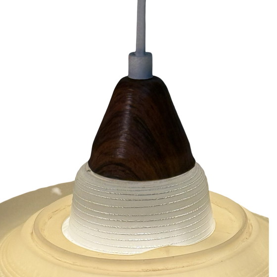 Image 1 of Suspension vintage années 70 - Plastic Fantastic ! - Centre en verre et accents imitation bois