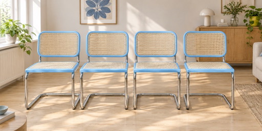 Set of 4 Vintage Italian Cesca Chairs – Sky Blue & Cane – 1990s