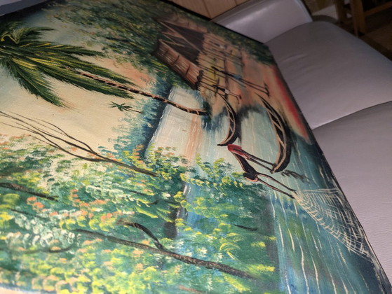 Cuadro al óleo de estilo antiguo de un pueblo de África Occidental sobre lienzo, 86 cm x 52 cm. (photo 3 of 10)