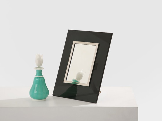 Image 1 of La Maison Desny Art Deco nikkelmetalen opaalglazen tafelspiegel uit de jaren 1930