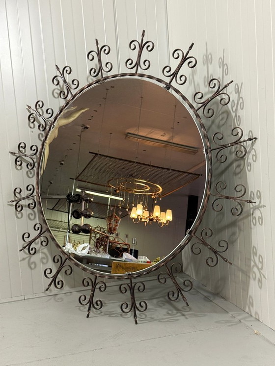 Image 1 of Very large round wrought iron wall mirror 1960's