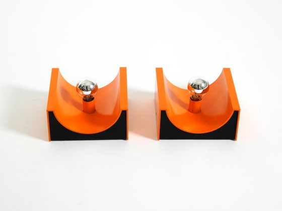Image 1 of Pair of rare original 1960s Space Age metal wall lamps by Klaus Hempel for Kaiser Leuchten in orange