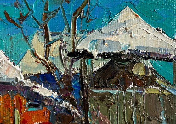 Image 1 of Original Oil Painting Winter Houses Landscape Frosty morning in the village