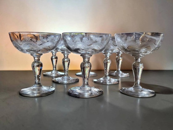 8 coppe da champagne in vetro inciso di Meisenthal, Art Déco – Bicchieri e caraffe, Cristallo, Art Deco (photo 14 of 14)