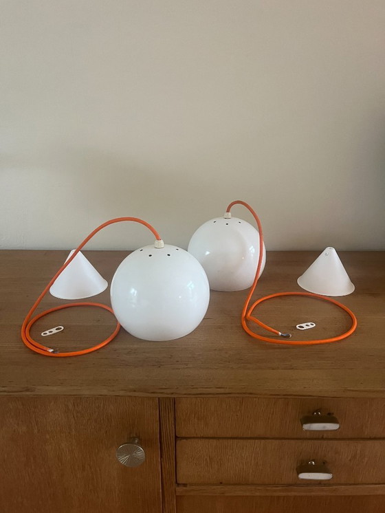 Image 1 of Vintage Louis Poulsen Topan stijl hanglampenset van 2 - Deense designlamp