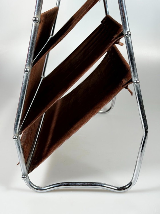 Image 1 of 1960s/70s Newspaper Holder/Magazine Stand, Metal/Leather, Mid-Century Design
