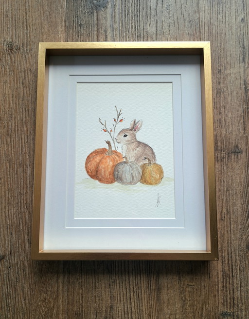 Watercolor Painting Rabbit Autumn Pumpkins | Including Frame