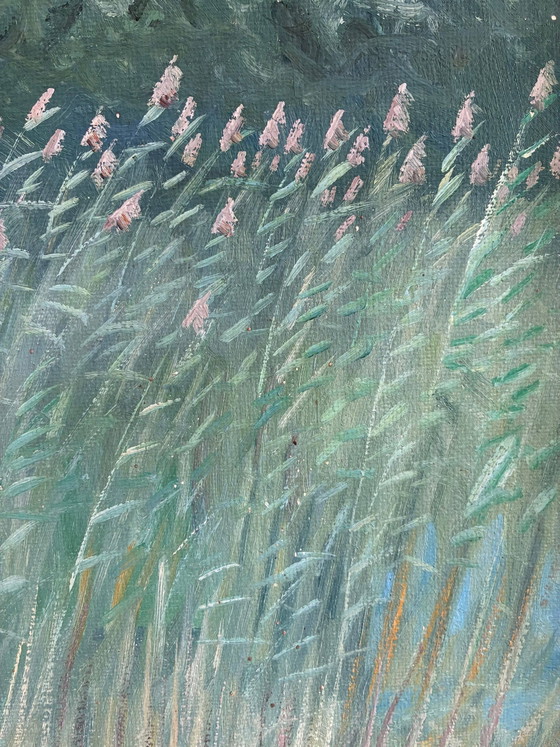 Image 1 of Grande peinture à l'huile originale vintage représentant un paysage avec un chien