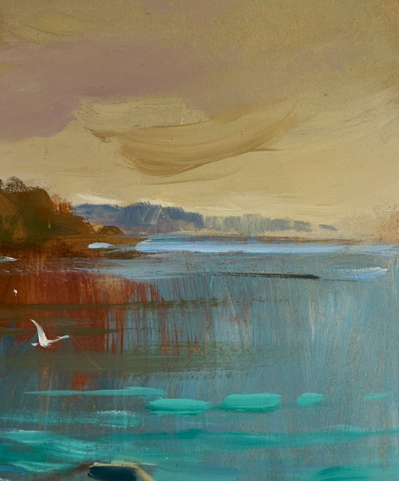 Image 1 of Original Oil Painting Autumn Coastal Landscape Birds fly over the river