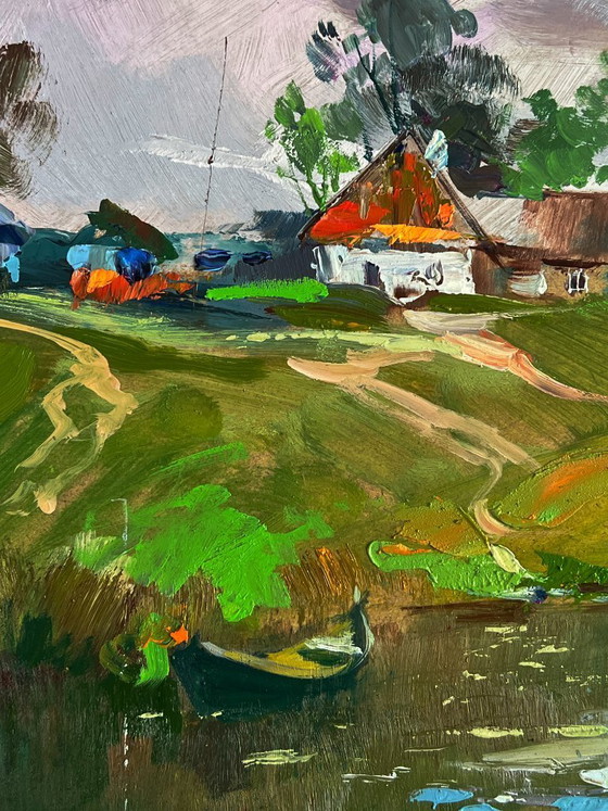 Image 1 of Origineel olieverfschilderij: Landelijk landschap, natuur, een rivier nabij het dorp.