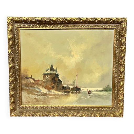 Paisaje firmado "Esquí de invierno". Óleo sobre tabla de madera. – schilderijen tekeningen, Wood