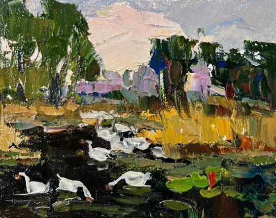 Image 1 of Original Oil Painting Summer Nature Landscape Geese in the lake