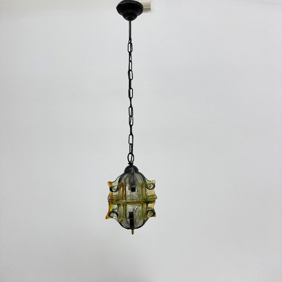 Image 1 of Lampada a sospensione brutalista in vetro e ferro, anni '70