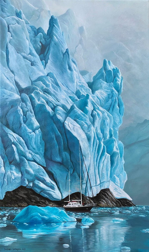 Original Oil Painting Ocean Landscape Ship At The Iceberg – schilderijen tekeningen, Canvas