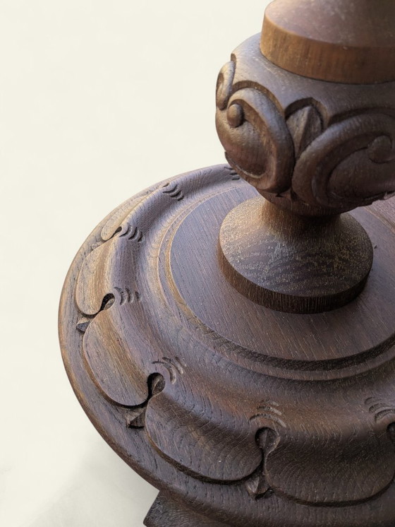 Image 1 of Rareté ! Jardinière vintage en bois foncé tourné à la main, style milieu du siècle/ferme, support pour plantes, jamais utilisé.