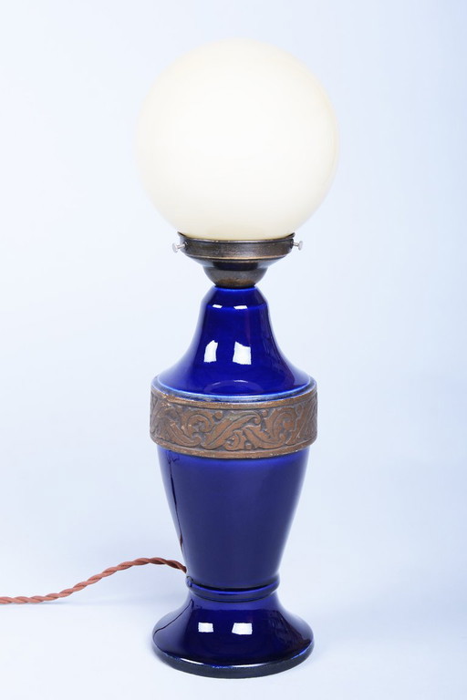 Restaurierte Art Deco Tischlampe, Kobaltglas, Opal-Lampenschirm, Tschechisch, 1920er Jahre