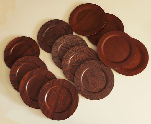 Set of 12 Plywood Teak and Rosewood Plates by Morsbak, Denmark 1960s