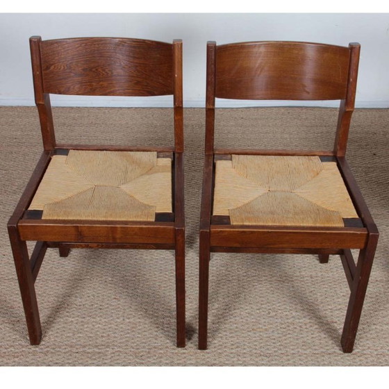 Image 1 of Set of 4 vintage solid wood and straw chairs, 1980