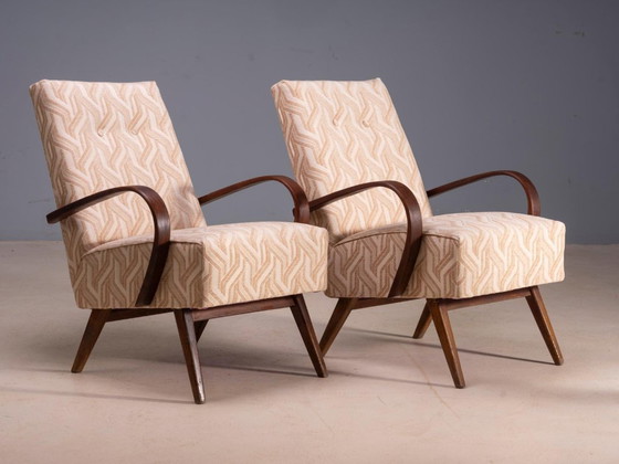 Fauteuils en bois courbé restaurés par Jaroslav Šmídek, paire, Tchécoslovaquie, nouveau revêtement beige à (photo 4 of 12)