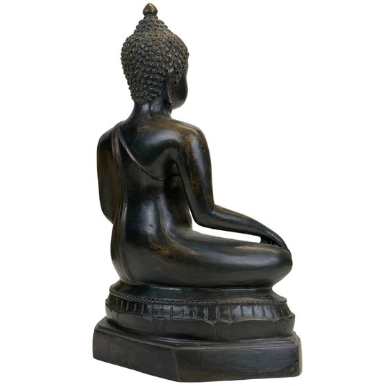 Buddha Thai in Bronzo in Bhumisparsha Mudra – Patina Scura – Sculture, Bronze, Klassiek (photo 4 of 10)