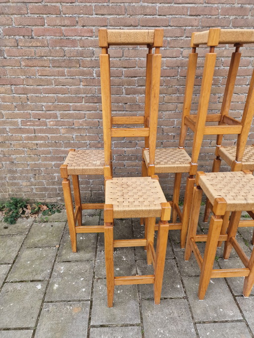 7 Prachtige Licht Eiken/Rotan Vintage Jaren '70 Barkrukken