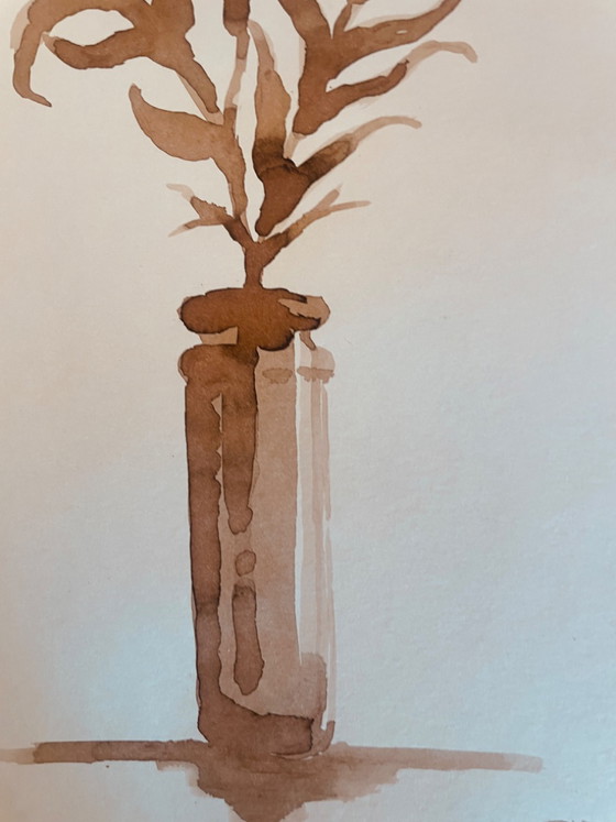 Image 1 of Painting, monochrome sepia still life "dried flowers", signed