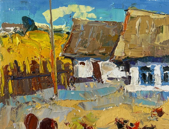Image 1 of Original Oil Painting Village House Landscape A busy courtyard