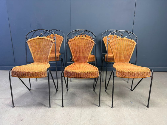 Sillas de mimbre de Frederick Weinberg, década de 1960, juego de 6 – Sillas de comedor, Metal, Wicker (photo 2 of 9)