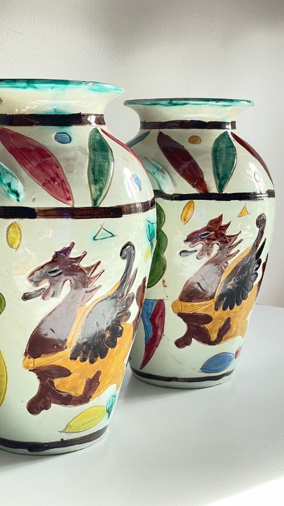Image 1 of Italian Majolica Vases with Dragon Motif