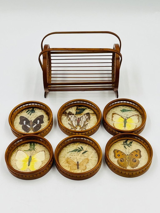 Vintage wooden coaster holder with 6 butterfly coasters