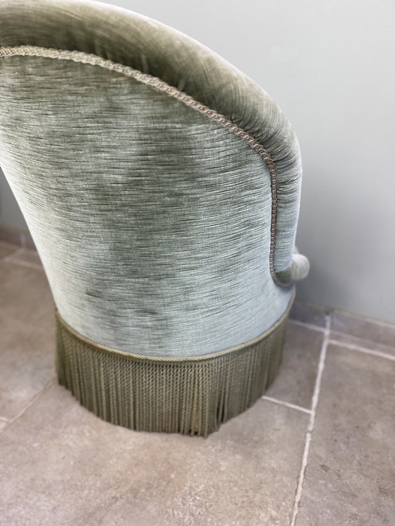 Image 1 of Amandelgroene fluwelen paddenstoelfauteuil