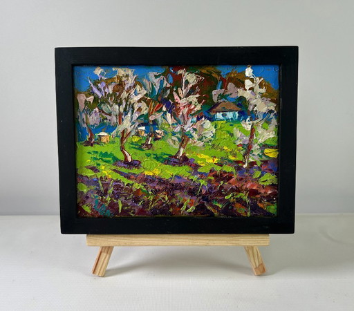 Original Oil Painting Day Village Landscape Spring awakens in light