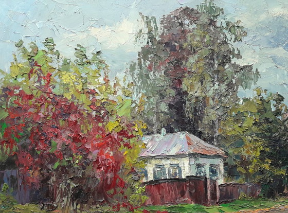 Original Ölgemälde Landschaft Landhaus Herbst im Dorf Guta – Gemälde & Zeichnungen, Canvas (photo 4 of 8)