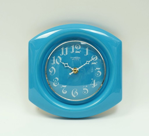Reloj de pared de cerámica azul vintage, reloj de cocina Dugena Herbolzheimer, años 60 y 70, cerámica de Alemania Occidental.