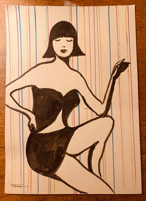 Dessin à l’encre signé pour gravure de mode années 70