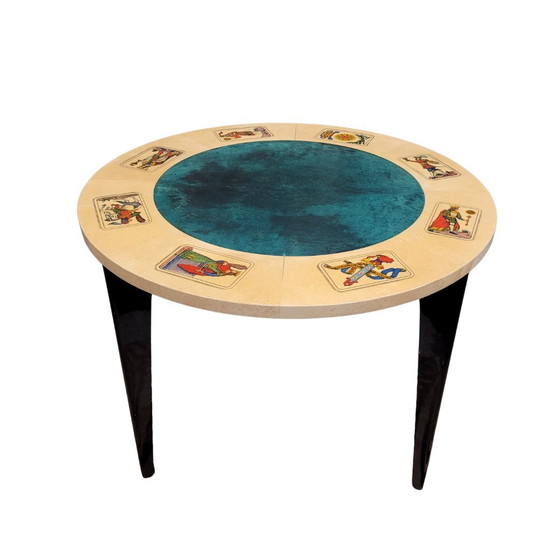 Image 1 of Conjunto Mesa Y Sillas “Gable” De Juego, Aldo Tura, Nogal Y Piel De Cabra (Pergamino), 1950 - Italia