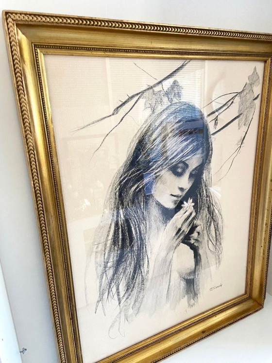 Image 1 of Monochrome Lithograph Drawing Nude Woman with Flower by Sandu Liberman 1971 Art