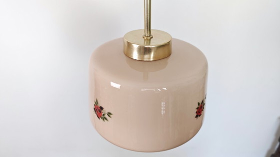 Vintage Pink Glass Pendant Light with Rose Floral Pattern & Brass Details, Pendant lamps, Metal (photo 7 of 9)