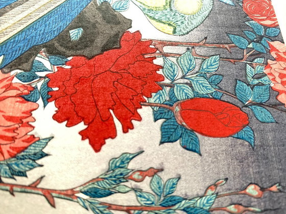 Image 1 of Estampe japonaise authentique sur bois - Oiseaux et fleurs - Éventail - Regravée dans les années 1920