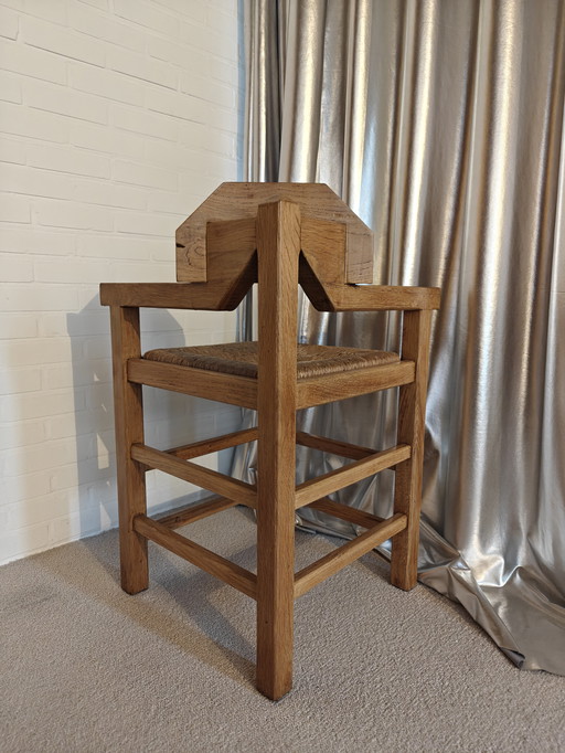 Brutalist Corner Chair – Wicker & Wood, Unique Back Detail