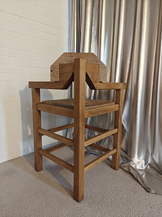 Image 1 of Brutalist Corner Chair – Wicker & Wood, Unique Back Detail
