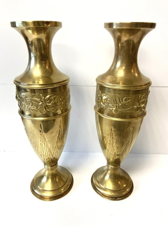 Image 1 of Antique Pair of Art Nouveau Yellow Copper Baluster Soliflore Vases