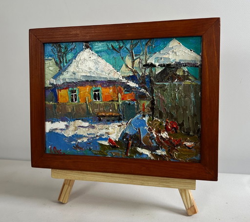 Original Oil Painting Winter Houses Landscape Frosty morning in the village