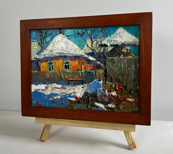 Image 1 of Original Oil Painting Winter Houses Landscape Frosty morning in the village
