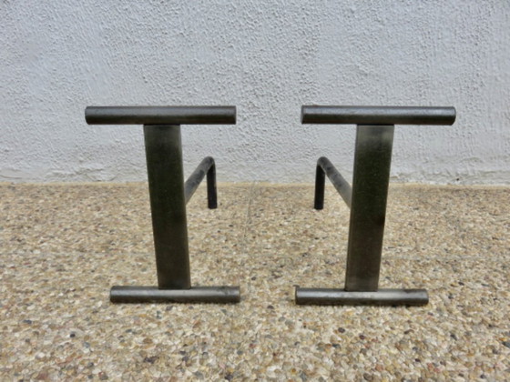 Image 1 of Pair of modernist, minimalist andirons in raw steel, France, 1960